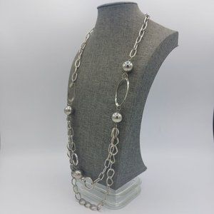 Silver Toned Semi Chunky Ball and Chain Necklace 2 Tier Strands 32" + 2" Extende
